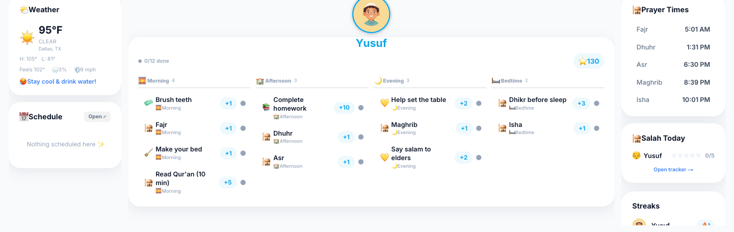 A kid's task card with morning, afternoon, evening, and bedtime tasks, star balance, and progress